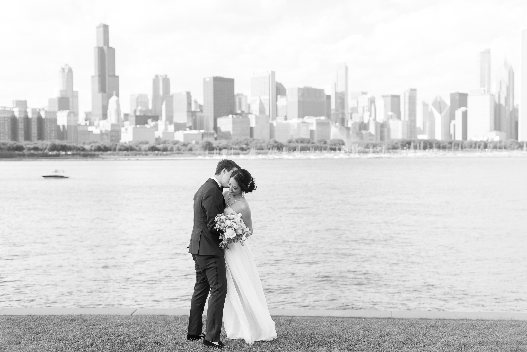 chicago wedding photos with chicago skyline - adler planetarium wedding photos