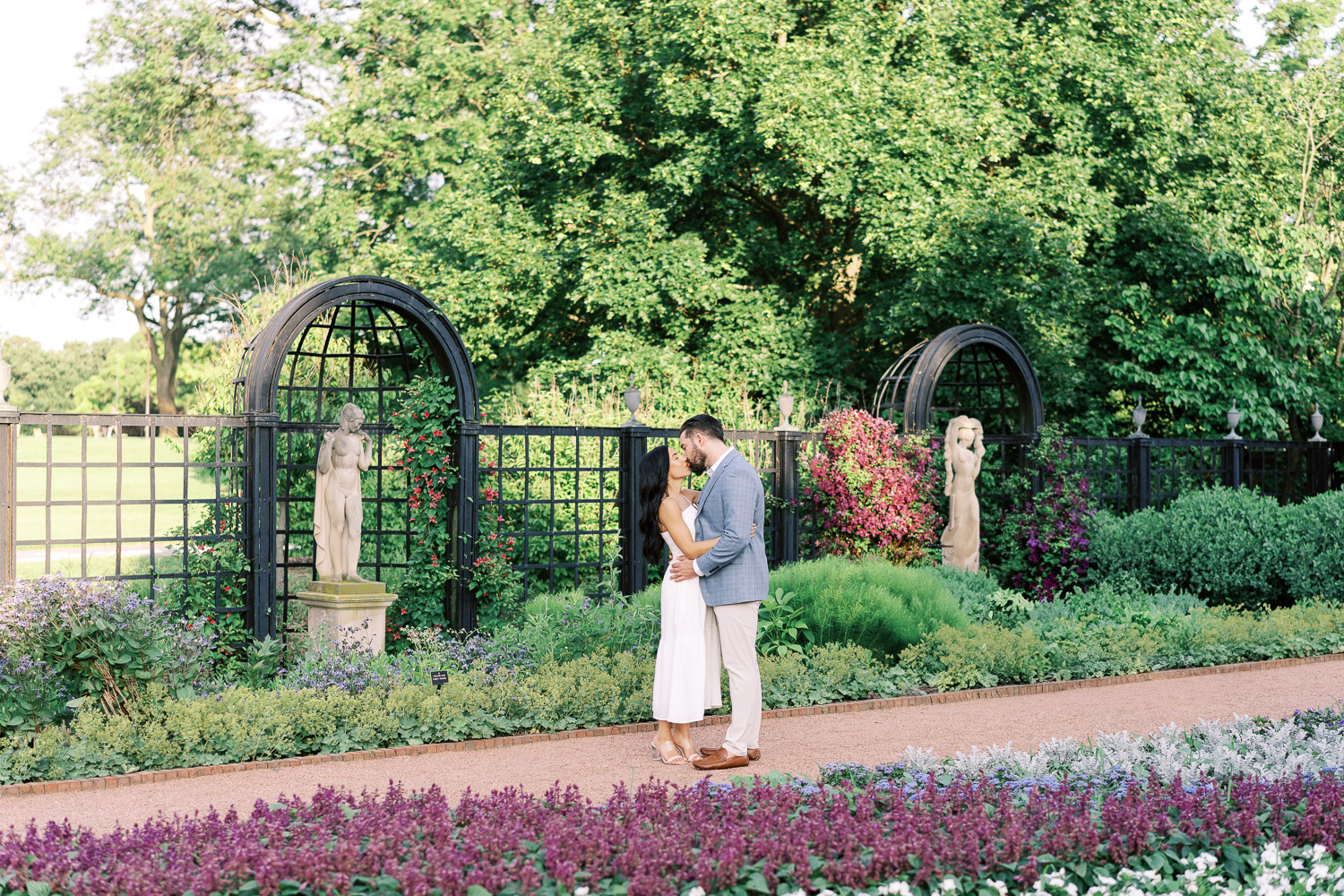 Sunset garden engagement shoot in June In Wheaton