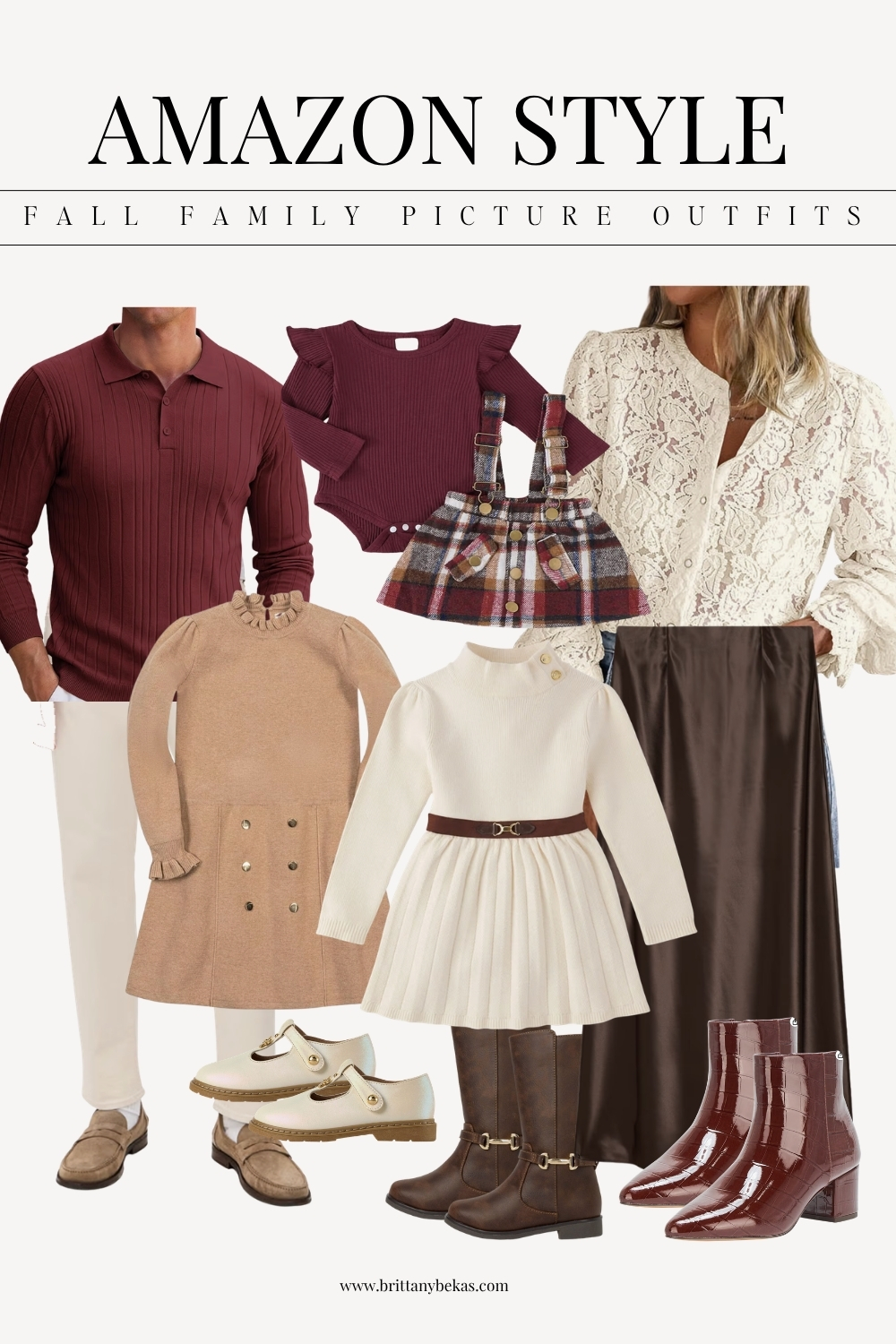 A romantic array of fall family outfits in rich hues and soft textures styled for elegant gatherings and golden autumn moments.