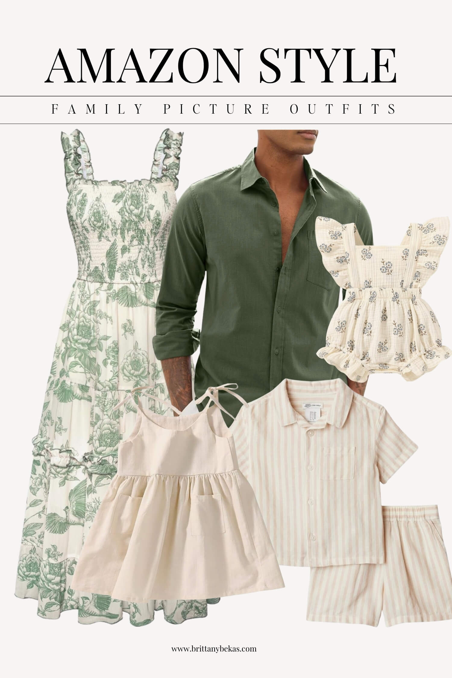 A family ensemble in shades of green and beige evokes togetherness, inspiring timeless autumn portraits for cherished moments.