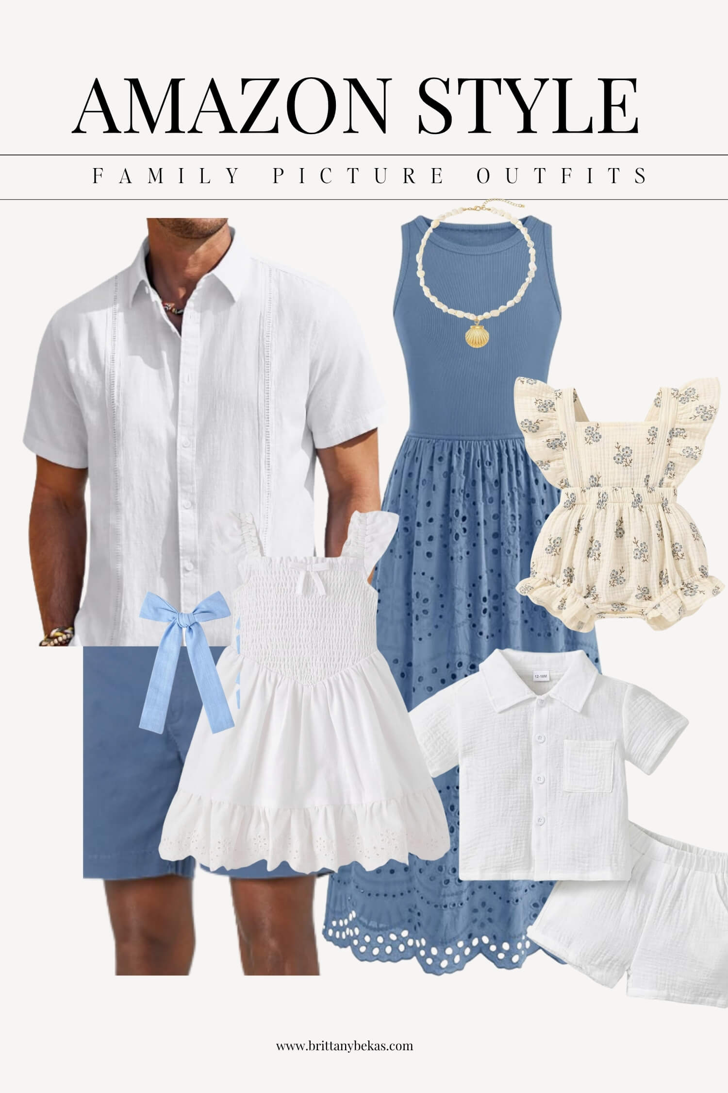 A dreamy family wardrobe in creamy whites and soft blues invites sunlit moments perfect for timeless photos through every season.