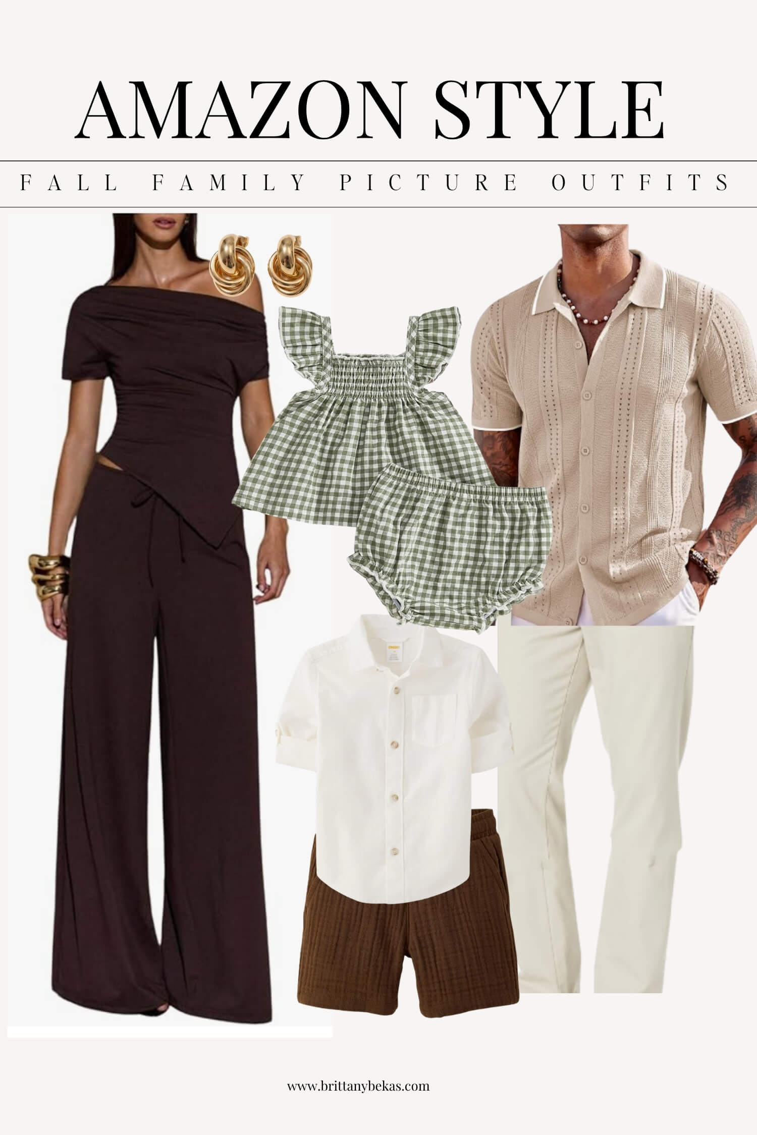 A family’s fall wardrobe: a woman in a black dress, playful plaid for little ones, and soft earth tones—timeless inspiration for autumn portraits.