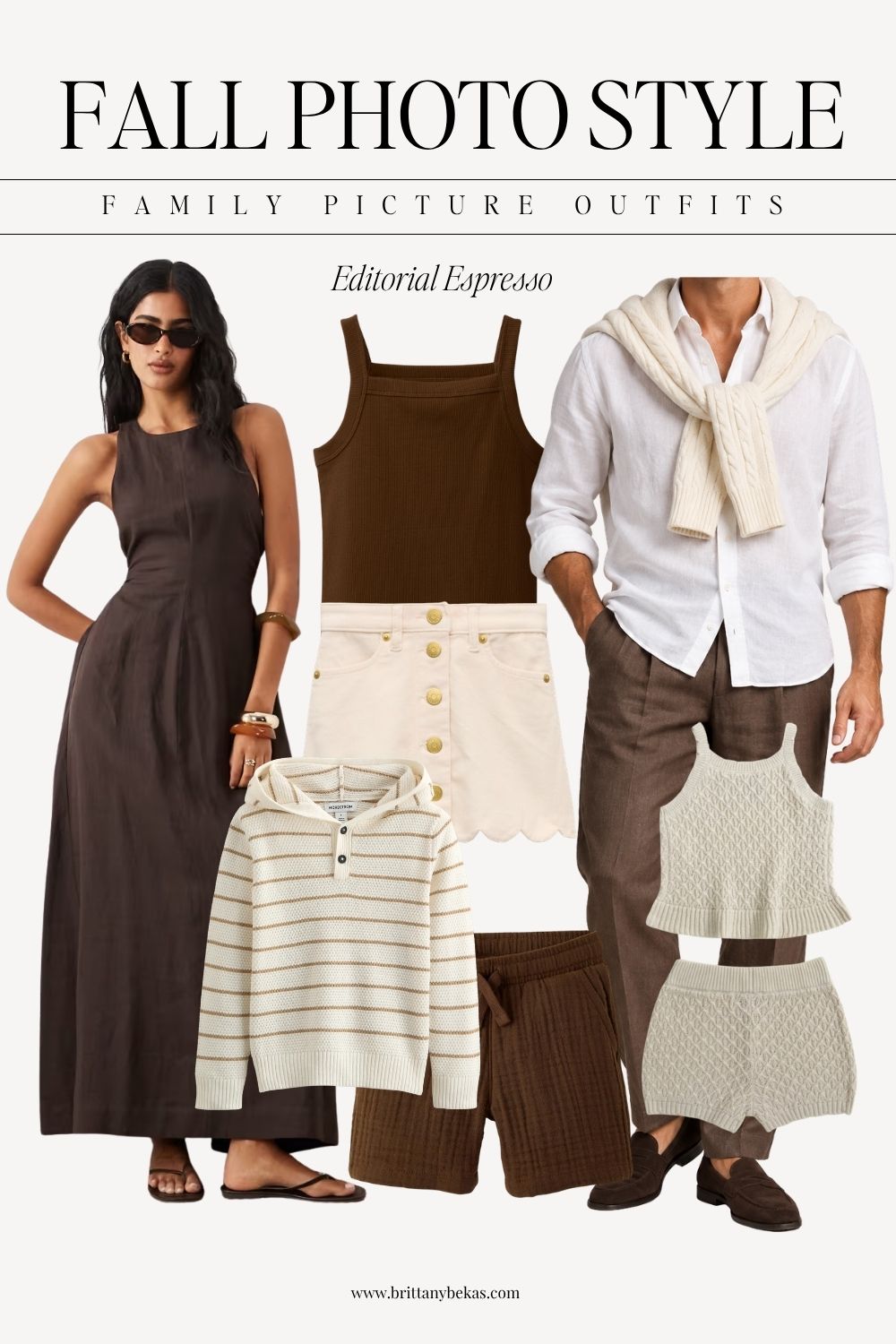 Chocolate brown and cream fall family photo outfits with neutral kids outfits