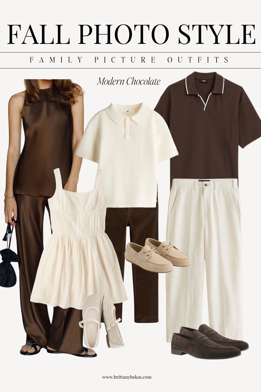 Modern chocolate brown and ivory fall family photo outfits for families
