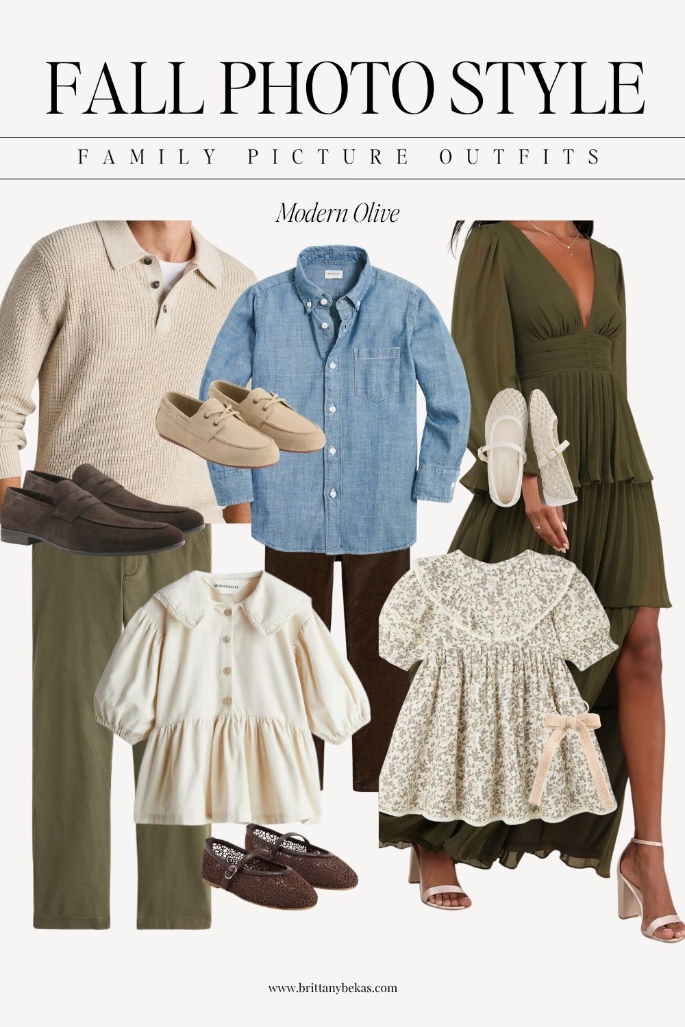 Olive green and cream fall family photo outfits with denim and chocolate brown