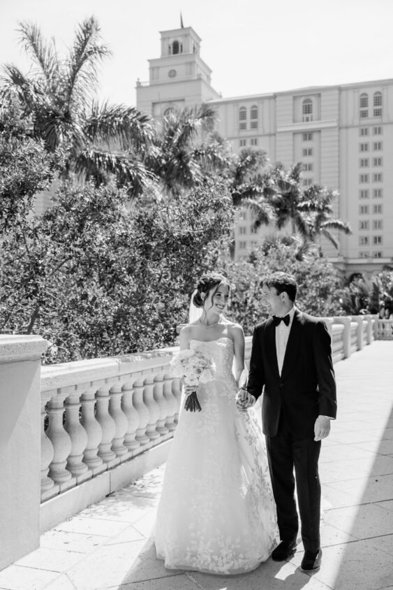 Bride and groom portrait among the architecture at Ritz-Carlton Naples